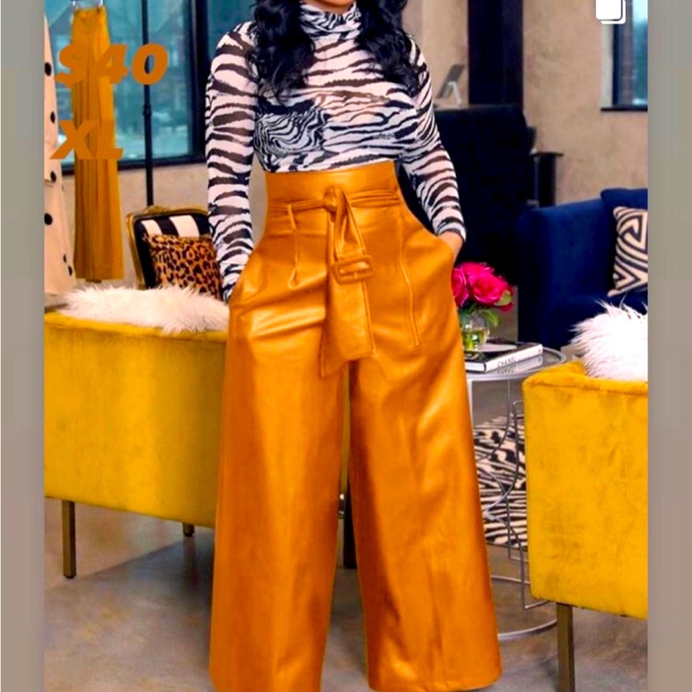 High Waist Faux Leather Wide Leg Long Pants